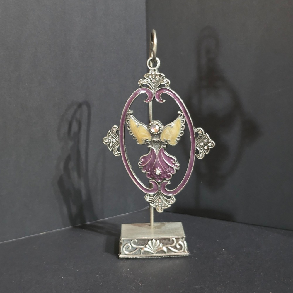 Nouveau Pewter Angel Ornament with Stand Purple & Cream Enamel Marcasite Accents